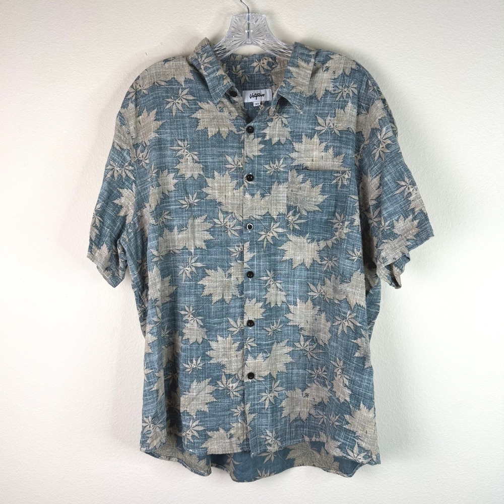 Vatpove Button Down Shirt Mens XL Blue Maple Leaf Print Short Sleeve Casual Top
